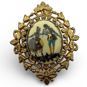 Vintage Handpainted Courting Couple Silouette Porcelain Brooch